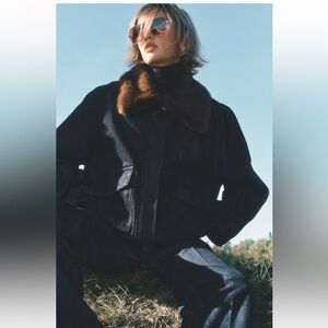 H&M Dark Denim Jean Jacket with Brown Fur Collar